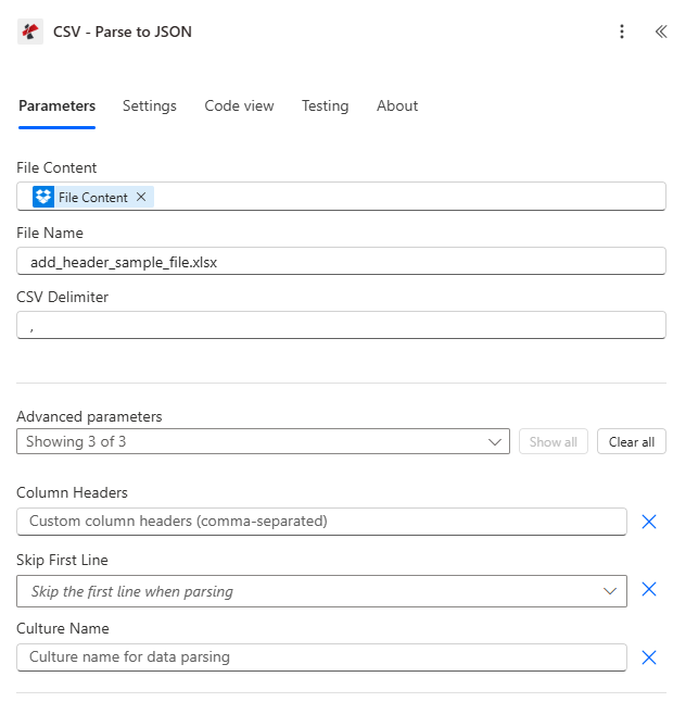 Clicca per ingrandire Azione Power Automate PDF4me CSV - Analizza in JSON configurata con Contenuto del file, Nome del file, Delimitatore CSV e parametri avanzati Intestazioni di colonna, Salta la prima riga e Nome cultura.